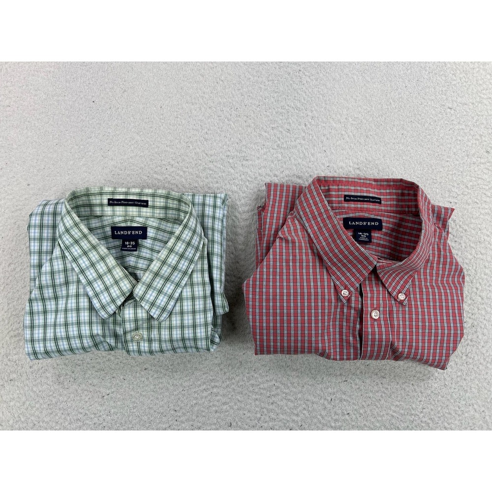Lands' End Dress Shirts LOT OF 2 Mens 18 34/35 Green Red Check Big No Iron